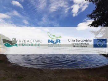Na obrazku znajduje się jezioro Królewskie oraz logotypy Unii Europejskie, NGR i programu Rybactwo i Morze