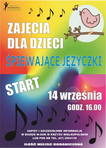 Zapraszamy na zajęcia muzyczne. Rozpoczynamy 14 września o godz. 16:00. Zapisy i szczegółowe informacje w biurze M-GOK w Krzyżu Wielkopolskim lub pod numerem telefonu 67 2564 139.
Ilość miejsc ograniczona.