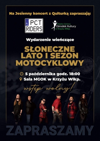 Na jesienny koncert z Qulturką zapraszają PCT Riders i Miejsko-Gminny Ośrodek Kultury w Krzyżu Wielkopolskim
Wydarzenie wieńczące Słoneczne Lato i sezon motocyklowy
5 października, godz. 18.00
sala M-GOK w Krzyżu Wielkopolskim
wstęp wolny
zapraszamy