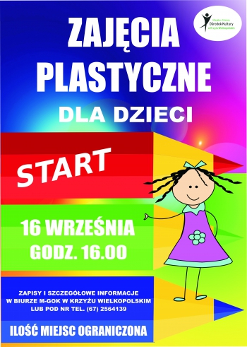 tekst alt
Zajęcia plastyczne dla dzieci
Start 16 września godz. 16.00
Zapisy i szczegółowe informacje w biurze M-GOK w Krzyżu Wielkopolskim lub pod numerem telefonu 67 2564 139
Ilość miejsc ograniczona.