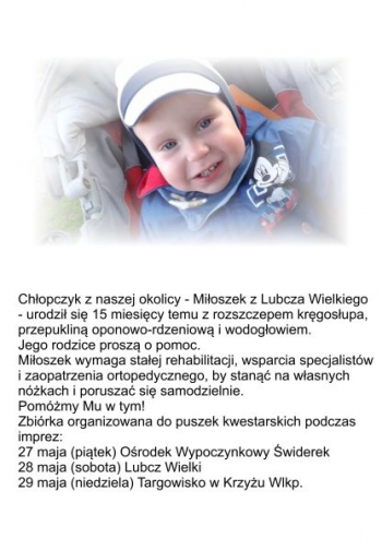 Zbiórka na leczenie i rehabilitację małego Miłoszka z Lubcza Wielkiego