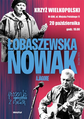 Grayna obaszewska i Adam Nowak Raz Dwa Trzy - legendy na ywo

Duet wyjtkowych Artystw dla ktrych sowo jest rwnie wane co muzyka Ich najwiksze przeboje oraz te mniej znane ale ukochane utwory W piknych - nowych - aranacjach przygotowanych i wykonywanych wsplnie z przyjacimi z zespou Ajagore

Wyjtkowy wieczr z muzyk i sowem ktre poruszaj najgbsze emocje Na jednej scenie spotkaj si dwie niezwyke osobowoci polskiej muzyki  Grayna obaszewska i Adam Nowak zesp Raz Dwa Trzy Zasuchaj si w piosenkach o ludziach z dusz

Miejsce koncertu Miejsko-Gminny Orodek Kultury w Krzyu Wielkopolskim ul Wojska Polskiego 11
termin 20 padziernika godz 1900
cena biletu 100 z